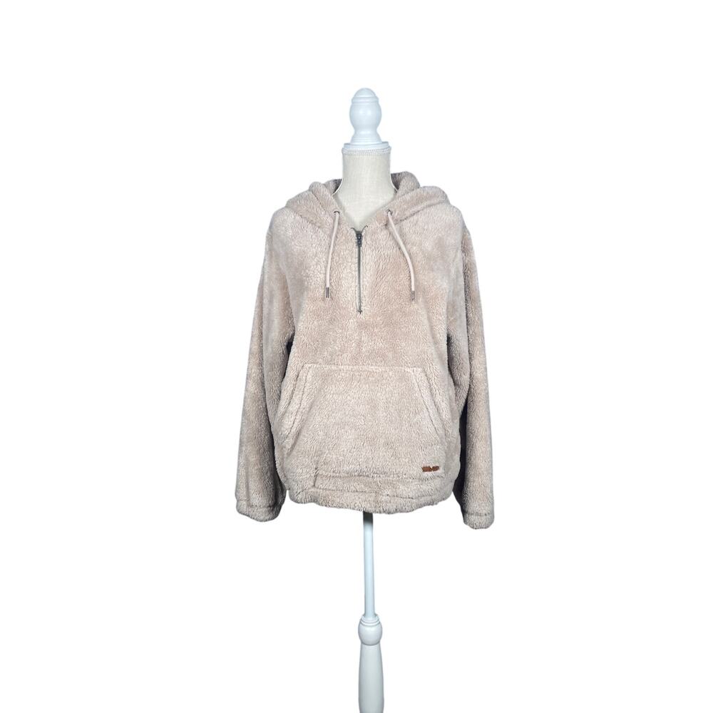 BillaBong Hoodie Women’s Large Tan 1/4 Zip Jacket Fuzzy Pocket Logo Cozy